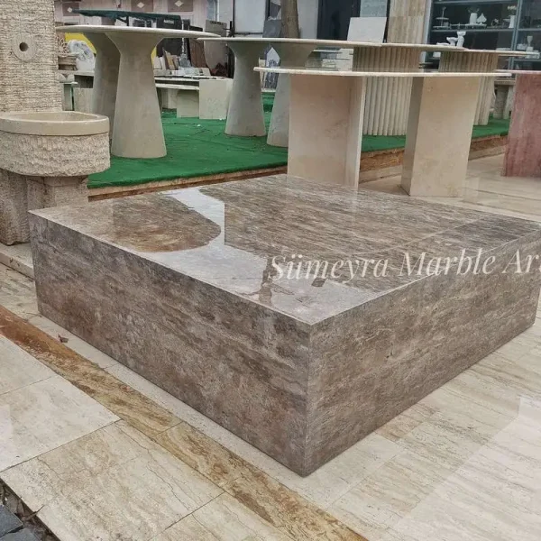 Sümeyra Marble Art Gümüş Traverten Orta Sehpa