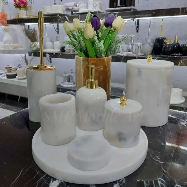 Sümeyra Marble Art Beyaz Banyo Seti