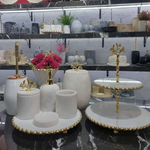 Sümeyra Marble Art Gold Beyaz Banyo Seti