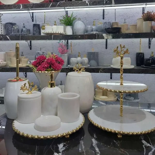 Sümeyra Marble Art Gold Beyaz Banyo Seti